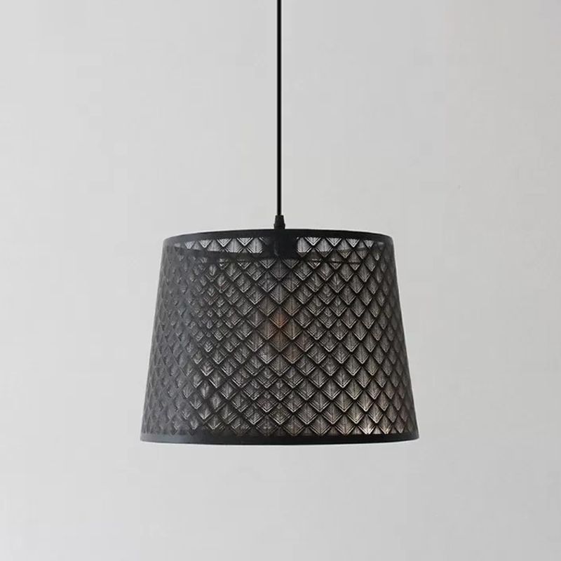 Black 1 Head Hanging Pendant Rustic Metal Wire Cage/Etched Tree Patterned Drum Shade Drop Lamp for Dining Room