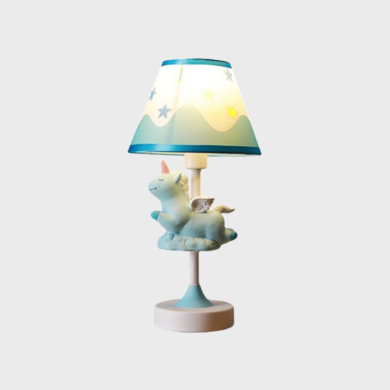 Cartoon 1 Light Table Lighting with Fabric Shade Conical Pink/Blue/Gold Unicorn Nightstand Lamp for Study Room