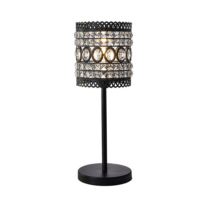 Cylinder Night Table Light Modern Metallic 1-Head Bedside Nightstand Lamp with Crystal Accent in Black