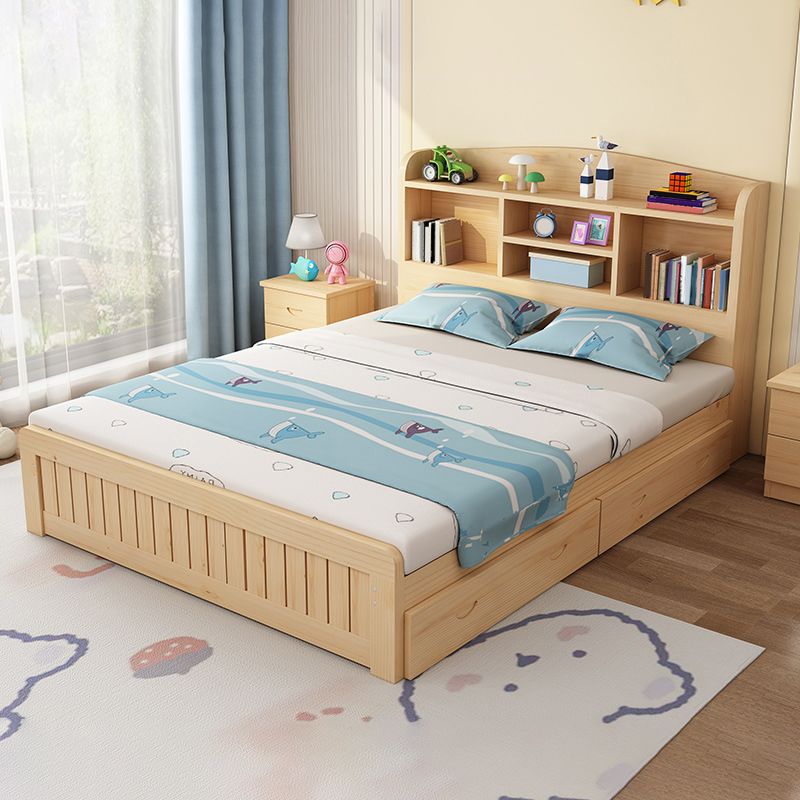 Scandinavian Platform Bed Solid Wood Kids Bed with Headboard and 2 Drawers