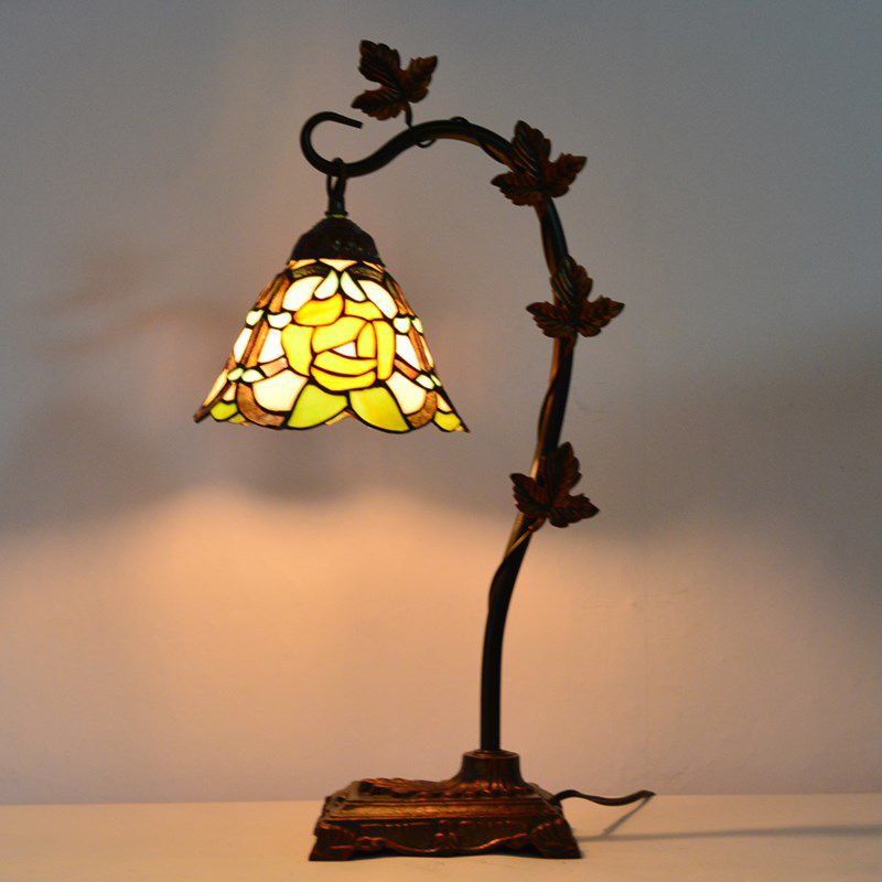 Rose/White/Dragonfly Nightstand Mediterranean Stained Glass Single Head Brown Table Lamp with Bridge Arm