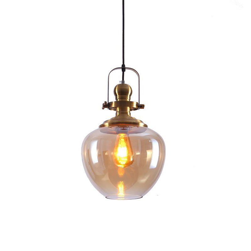 Brass Orb Pendant Ceiling Light Industrial Amber Glass 1 Light Living Room Hanging Lamp for Living Room