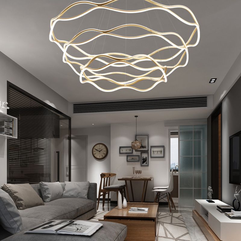 Postmodern Simplicity Wave Ceiling Chandelier Metal Hanging Light with Hanging Cord for Living Room