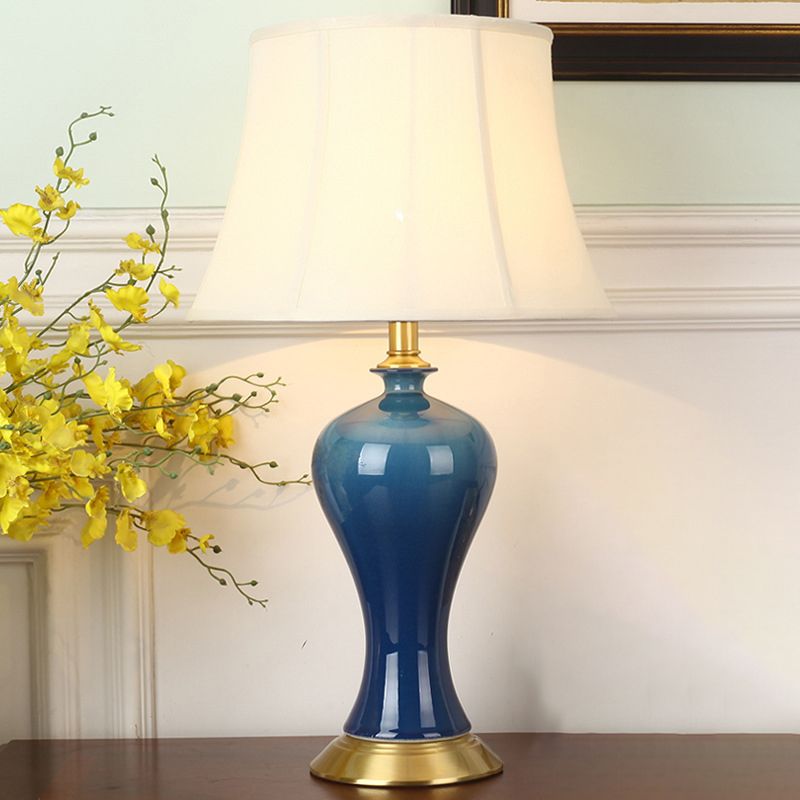 Modern Empire Shade Night Light Fabric 1-Light Bedside Table Lamp with Pottery Base in Blue