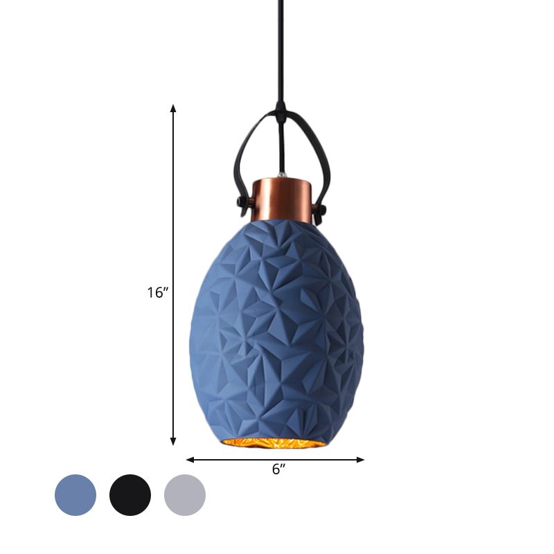 Elliptical Restaurant Down Lighting Pendant Industrial Black/White/Blue Textured Glass 1 Bulb Copper Hanging Light with Handle