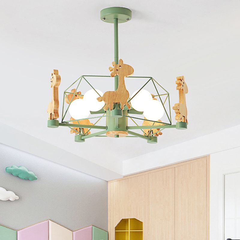 Macaron Cage Ceiling Pendant Light Metal 4-Head Bedroom Chandelier with Wooden Giraffe Deco