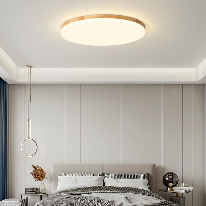 Wooden Circular LED Ceiling Light Acrylic 1-Light Flush Mount for Bedroom