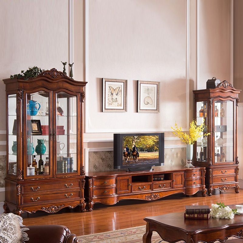 Traditional Wood TV Stand Console Open Storage TV Media Stand with Drawers for Living Room