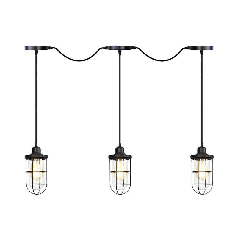 Black 3/5/7 Heads Multi Light Chandelier Farmhouse Clear Glass Cage Tandem Ceiling Lamp