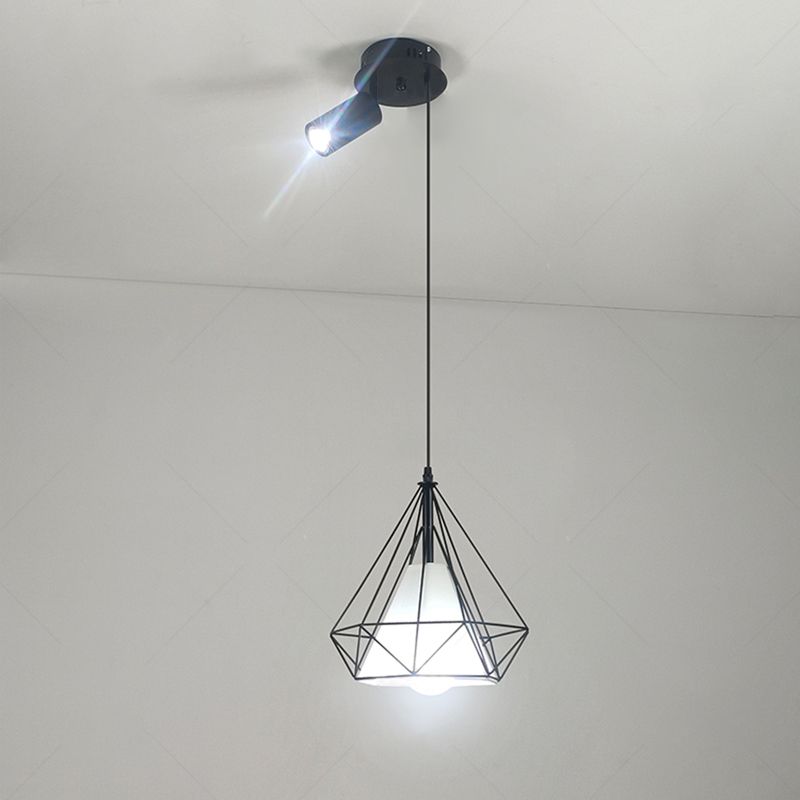 Vintage Diamond Drahtkäfig Anhänger 1 Bulb Metall Hanging Light mit Scheinwerferlicht in Schwarz