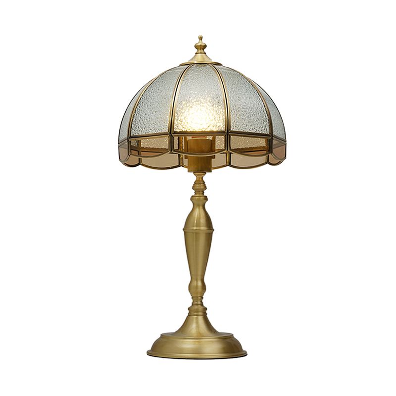 Dome Shaped Water Glass Night Lamp Traditional 1-Bulb Bedroom Table Light with Scalloped Trim in Brass