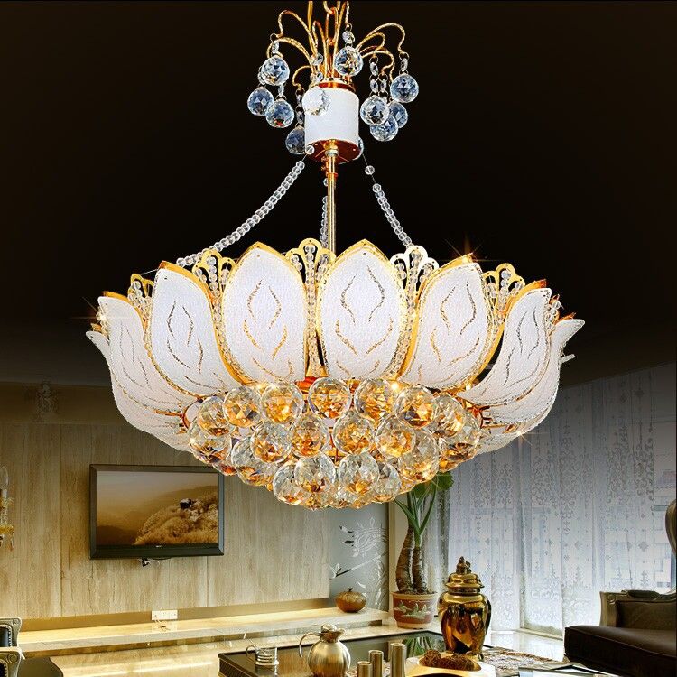 Lotus Hanging Light Fixture Contemporary Faceted Crystal Ball 3/Multi Lights Gold Chandelier Light, 16"/19.5"/23.5" Wide