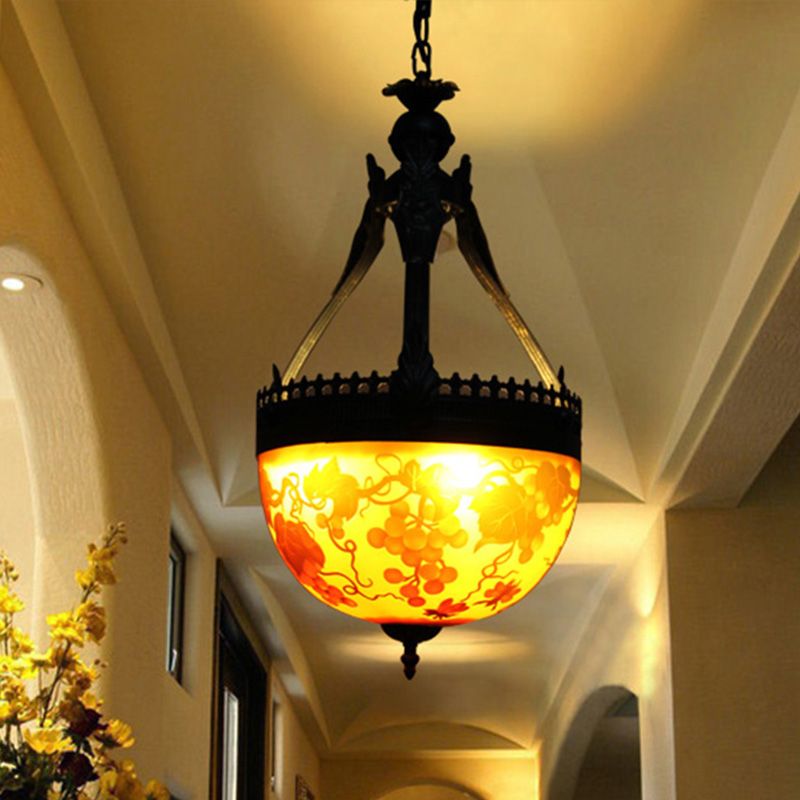 Mediterranean Flower Chandelier Lighting 12"/16" Wide 3 Lights Stained Glass Pendant Lamp in Yellow