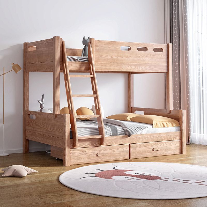 Solid Wood Bunk Bed Frame in Natural with Bookcase and 2 - Drawer