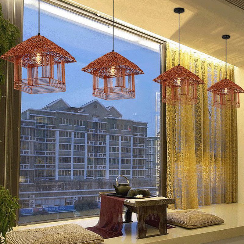 House Shaped Tea Room Pendant Light Bamboo Single-Bulb Contemporary Suspension Light Fixture