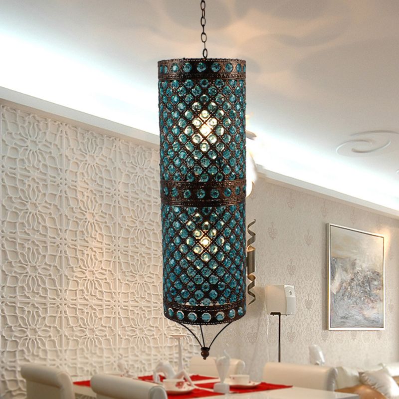 Blue 2 Lights Chandelier Lamp Bohemian Metal Column Suspension Lighting Fixture for Dining Room