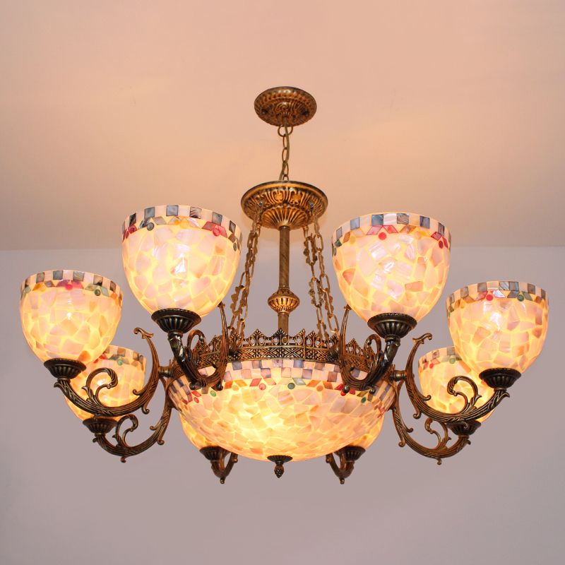 Stained Glass Bronze Chandelier Light Fixture Bowl Shape Baroque Hanging Chandelier