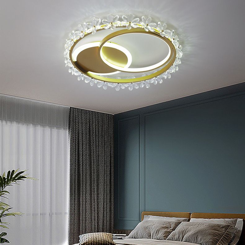 Modern Round Ceiling Mount Light Fixture Crystal 2-Light Ceiling Light Fixture