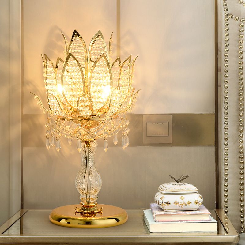 1 Bulb Table Light Mid-Century Lotus Clear Crystal Bedroom Nightstand Lamp with Gold Base