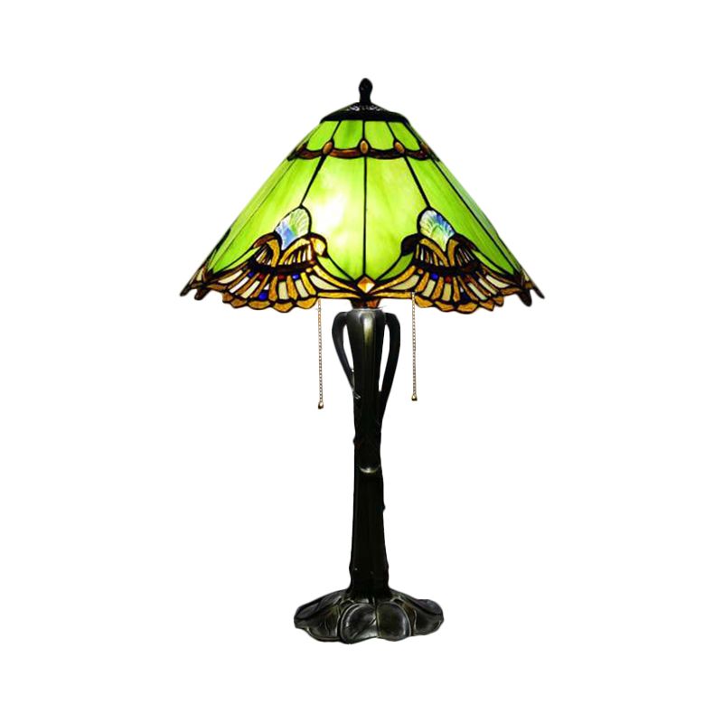 Cone/Dome Nightstand Lighting Victorian Cut Glass 2-Head Gold Pull Chain Table Lamp with Blossom Pattern