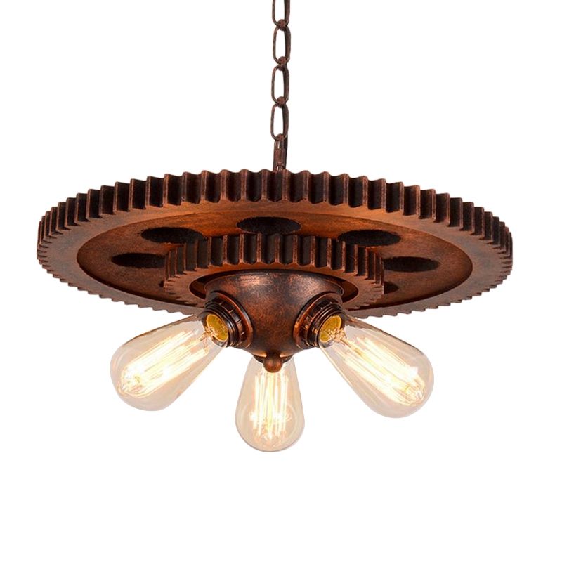 3 Lights Chandelier Light with Open Bulb and Gear Design Metal Retro Restaurant Pendant Lighting in Weathered Copper