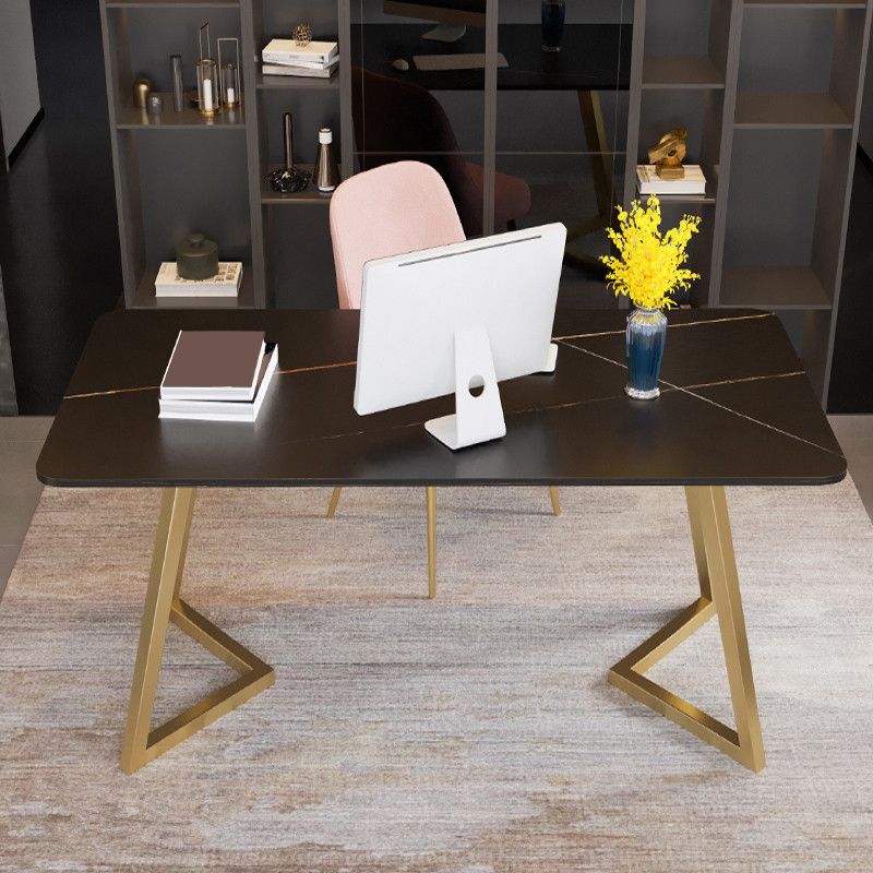 Curved Glam Office Desk Stone and Metal Writing Desk in Black and White