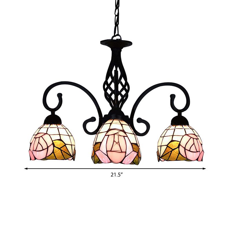 3 lumières Chandelier en forme de lustre rétro en vitrail de style floral inversé en rose en rose