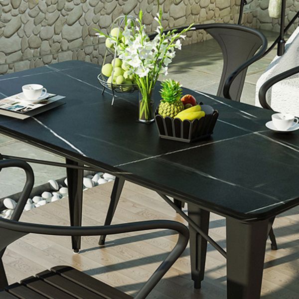 Outdoor Stone Top and Iron Frame Patio Table Contemporary Dining Table in White and Black