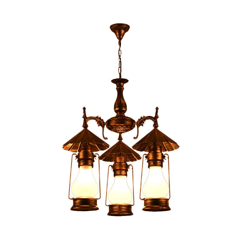 Bronze 3 Heads Pendant Chandelier Warehouse Yellow Crackle/White Glass Kerosene Hanging Ceiling Light for Restaurant