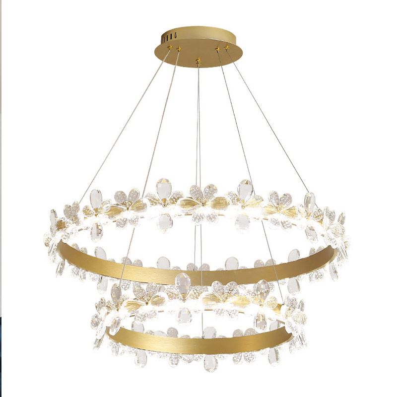 Round Chandelier Lamp Modern Crystal 19.5"/27.5" Wide LED Gold/Coffee Pendant Light Fixture in Warm/White Light