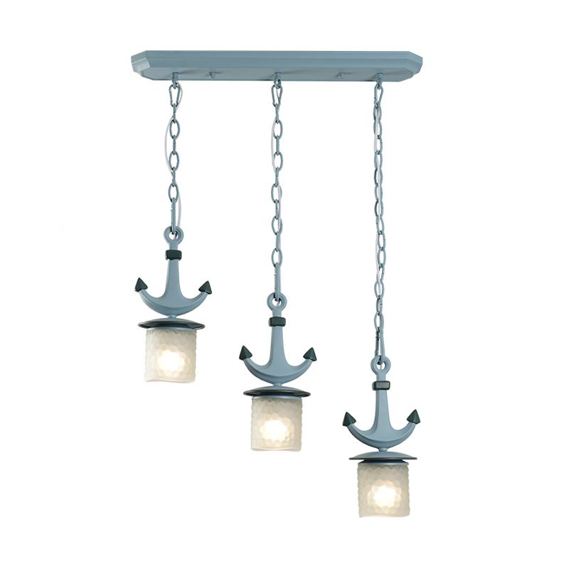 Cylindrical Playroom Pendant Lamp Dimpled Glass 3 Bulbs Modernism Multiple Ceiling Light in Blue, Linear/Round Canopy