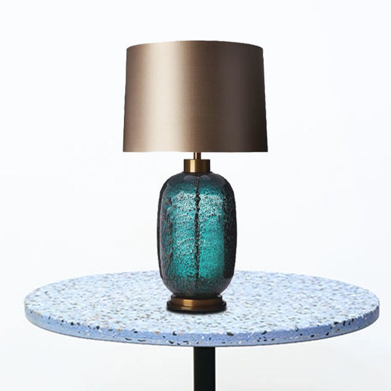 1 Head Bedroom Task Light Contemporary Blue Small Desk Lamp with Drum Fabric Shade