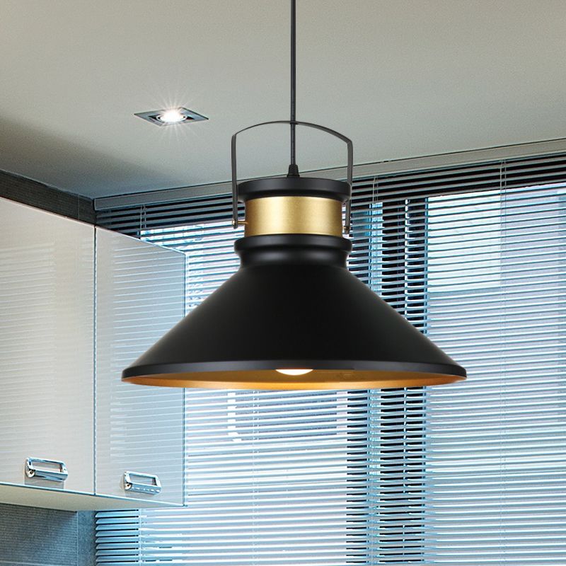 Aluminium Black Finish Pendant Lighting Large Fared 1-Light Industrial Drop Lamp For Dining Room