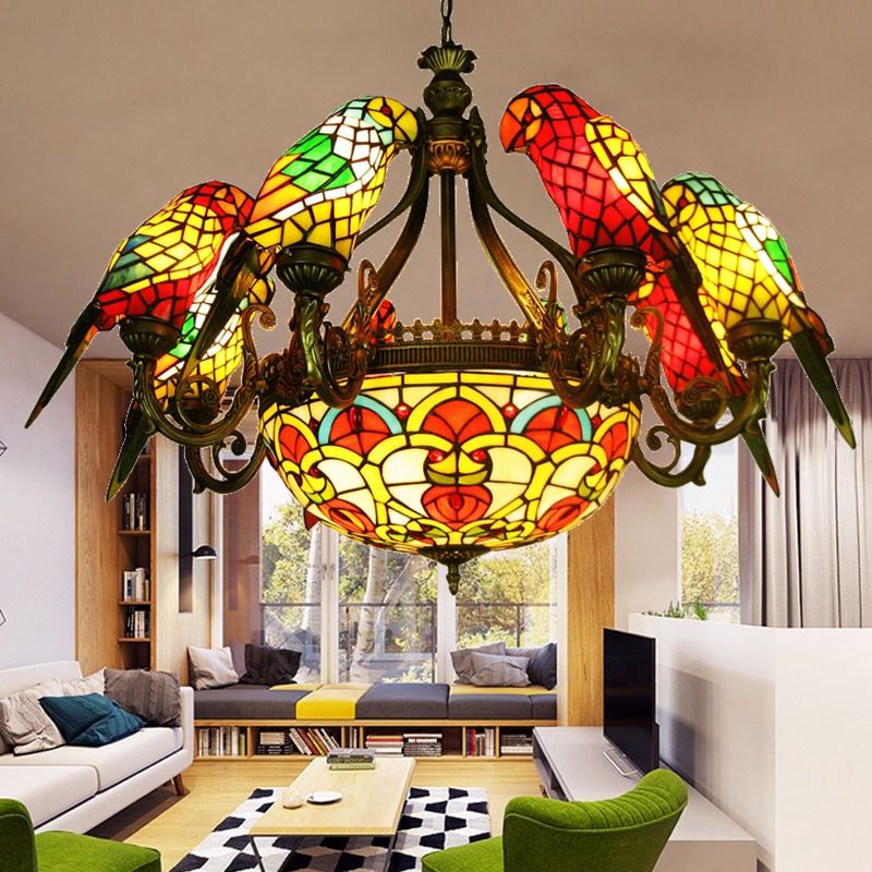 Tiffany Luxury Sputnik Pendant Light Wrought Iron Indoor Hanging Lamp with Colorful Glass Shade