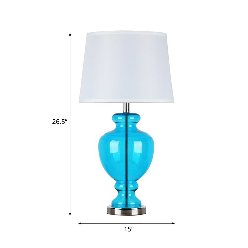 Classic Round Shade Table Lighting 1-Bulb Fabric Night Light with Urn Blue Glass Base