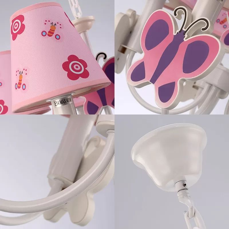 Pink Chandelier for Girls Room, Adjustable Hanging Lamp with Tapered Plastic Shade and Butterfly Modern Style