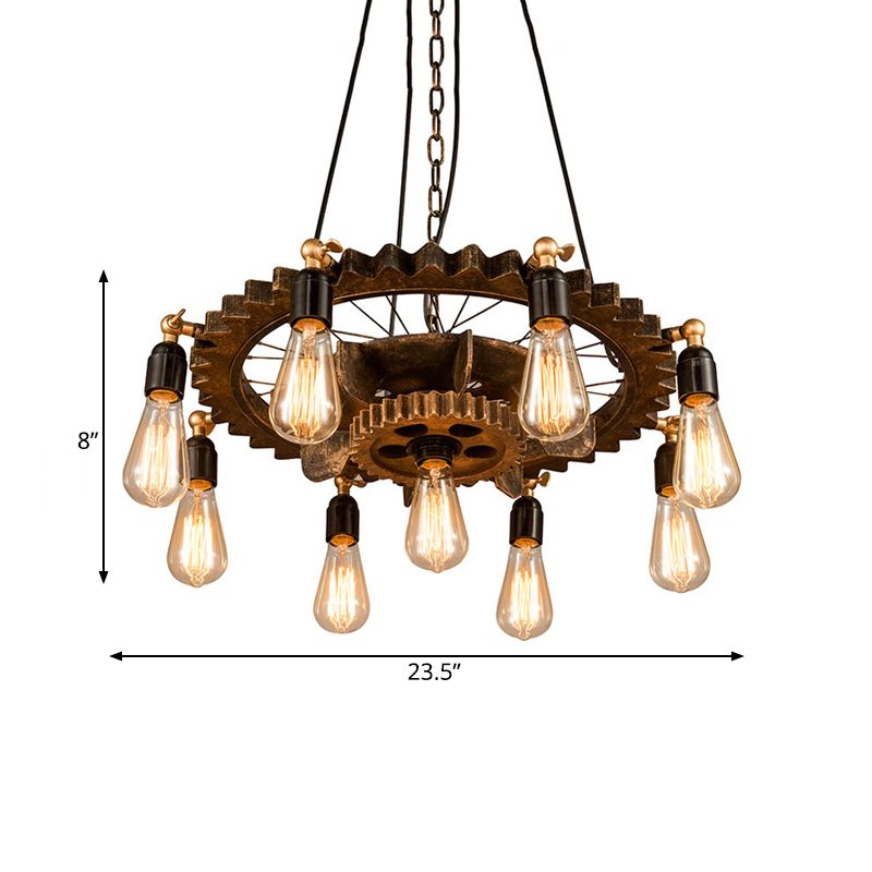 Iron Brass Chandelier Lighting Gear 9 Heads Industrial Suspension Light with Bare Bulb Design