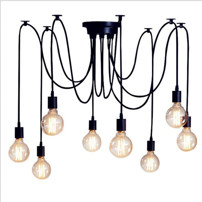 Industriële blootgestelde lamp swag hanger metallic multi -light kroonluchter in zwart voor woonkamer