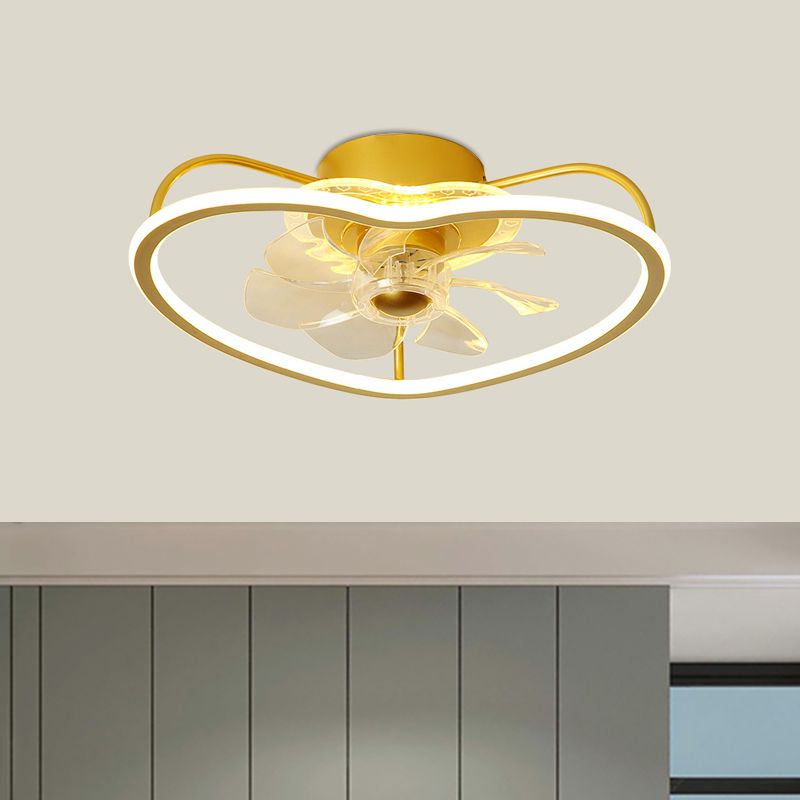 7 Blades Modernistisch LED -plafondventilator Weg met metalen goud/zwarte hartvorm Design Semi Flush plafondlamp, 16,5 "breed