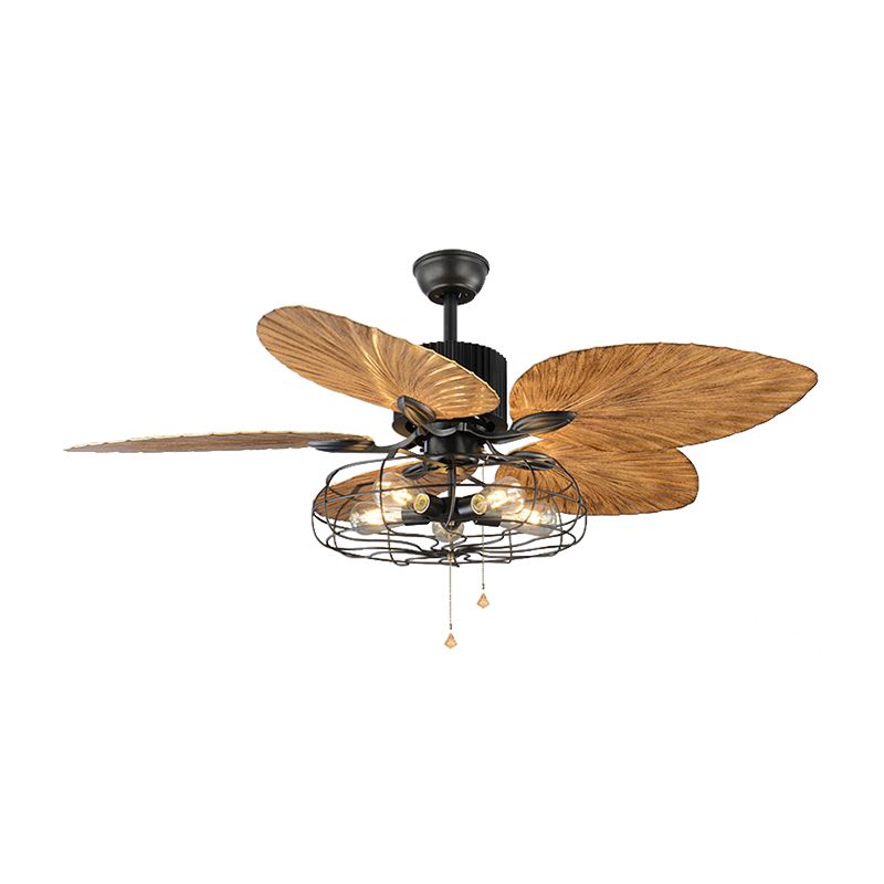 Classic Cage Semi Recessed Metal 5 Light Ceiling Fan with Black Crystal Pendant