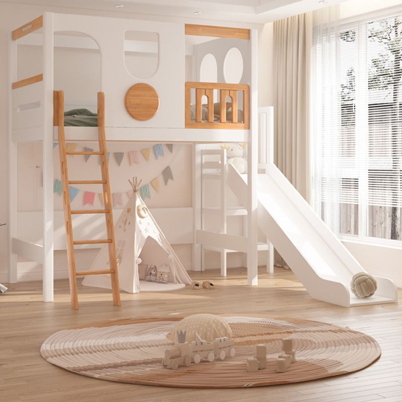 Contemporary White Solid Wood Loft Bed with Built-In Ladder/Stairway