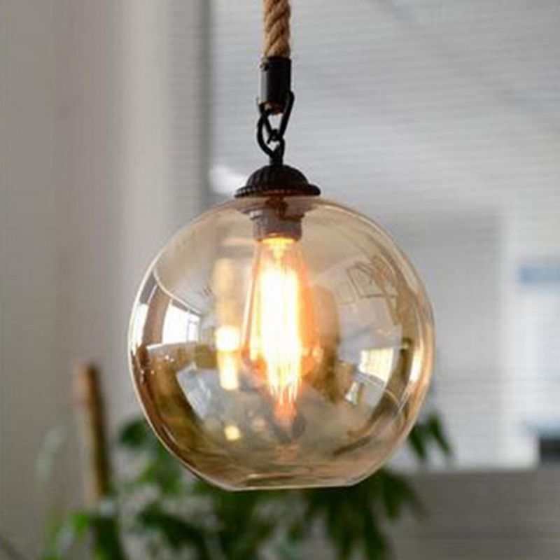 Glass Beige Pendant Light Fixture Round Industrial Style Hanging Pendant Light for Restaurant