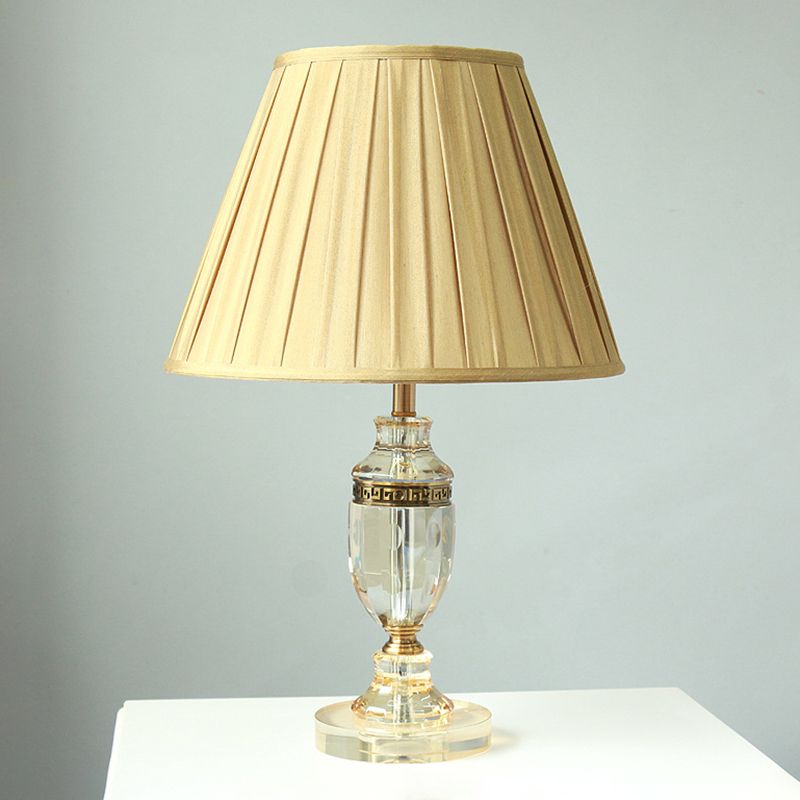 Fabric Beige Table Lamp Gathered Empire Shade Single Bulb Countryside Night Light with Crystal Base