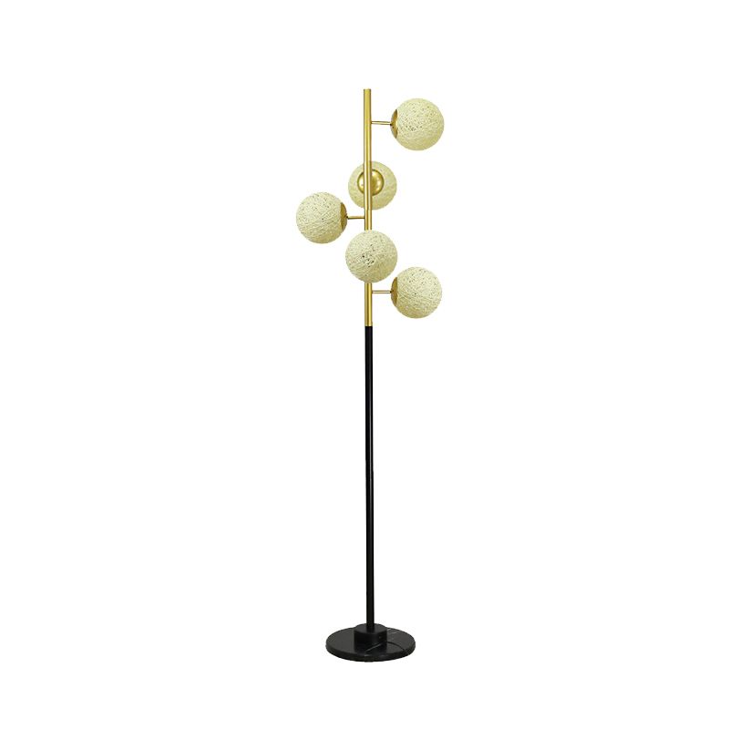 Black-Gold Tree Floor Light Simplicity 5-Bulb Metal Standing Up Lamp with Beige/Milk White Glass Shade