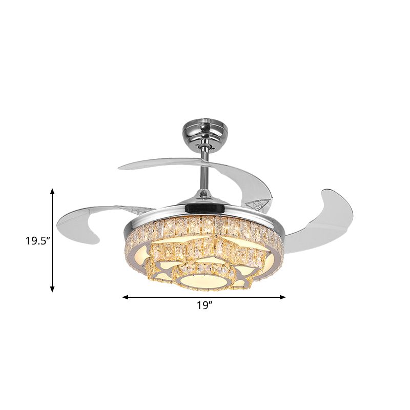 Simple Lotus Hanging Fan Lamp Crystal Block 19" Wide LED Bedroom Semi Flush Light in Gold/Chrome with 4 Blades