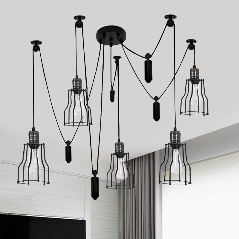 5 Bulbs Spider Pendant Light with Wire Guard Shade Farmhouse Style Black Finish Metal Ceiling Fixture for Bedroom