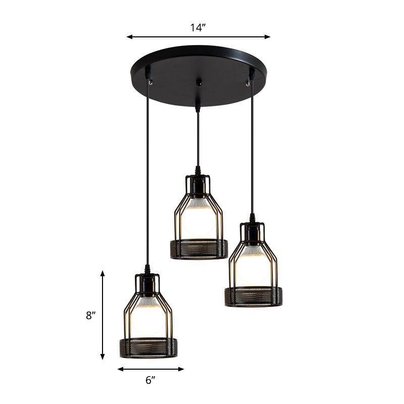 Iron Bottle Frame Cluster Pendant Industrial 3 Bulbs Dining Table Suspension Lighting with Mesh Bottom in Black