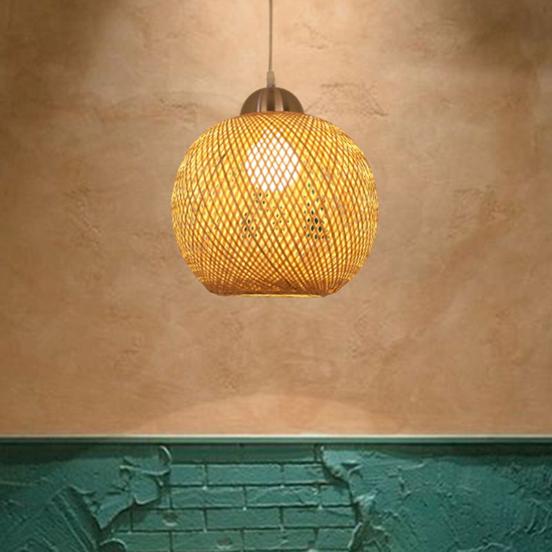 Globe Suspension Pendant Contemporary Bamboo 1 Bulb Wood Hanging Light Kit, 12"/14" Wide