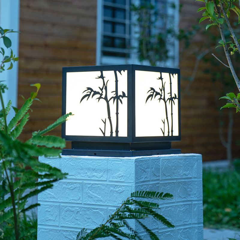 Square Shape Metal Pillar Lamp Modern Style 1 Light Solar Outdoor Light in Black