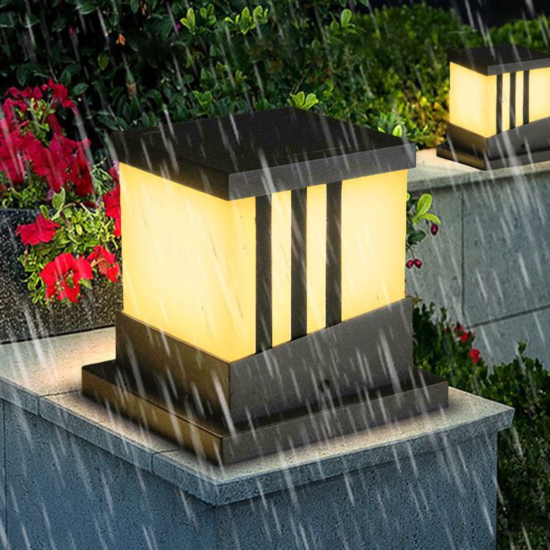 Solar Square Outdoor Lights Black Metal Waterproof Pillar Lamp for Garden